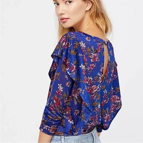 FREE PEOPLE | Dock Street Blue Floral Ruffle Cutout Stretch Top - Picture 1 of 5